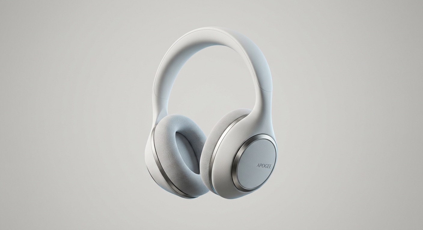 The finished APOGEE headphones floating in a pale grey studio