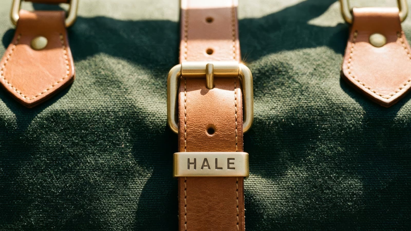 Macro of a brushed-brass buckle and a brass plate stamped HALE on a tan leather strap