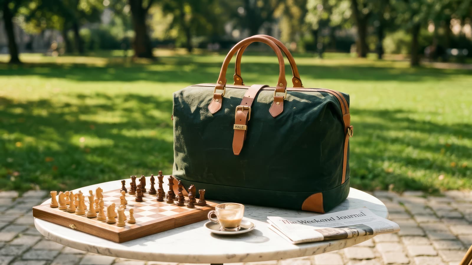 A racing-green waxed canvas holdall on a marble café table beside a chessboard and an espresso, park lawn behind
