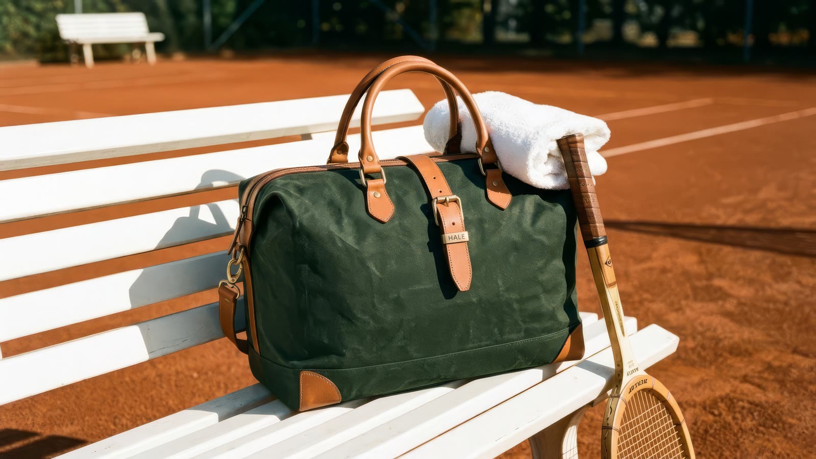 The holdall on a white bench beside a clay tennis court with a wooden racket and a towel