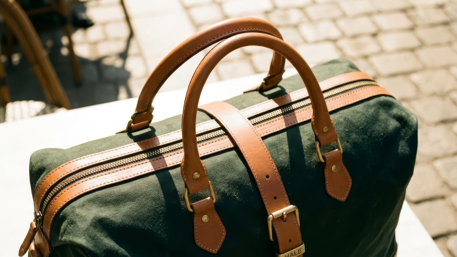Close crop of two rolled tan leather handles and the brass zip