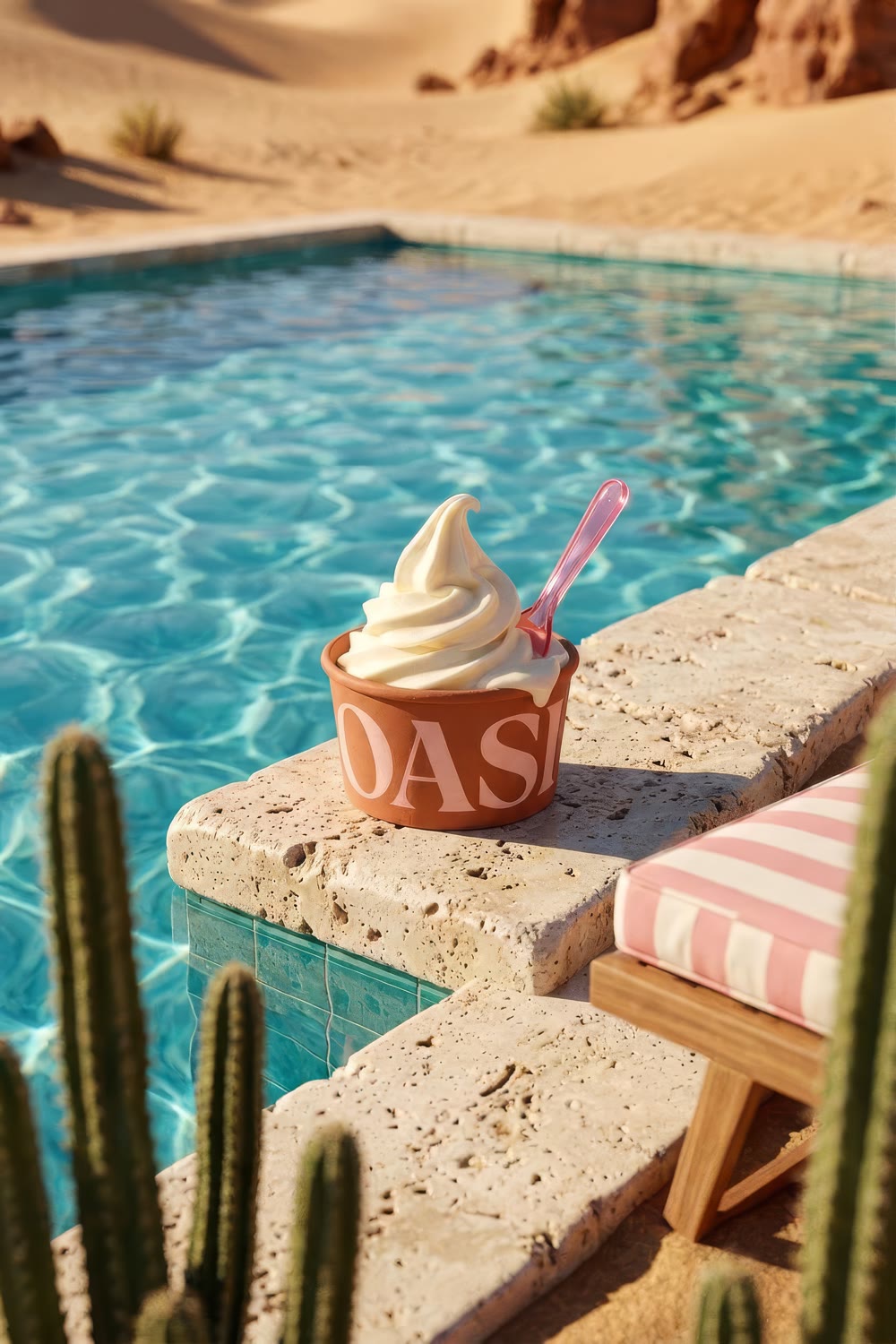 The OASI cup on a travertine pool edge with turquoise water and cactus in the foreground