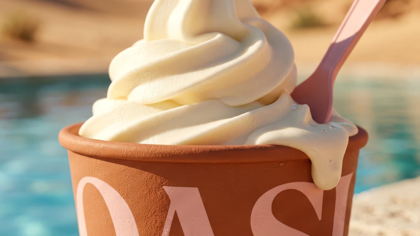 Macro of the soft-serve swirl folding over the rim of the terracotta OASI cup