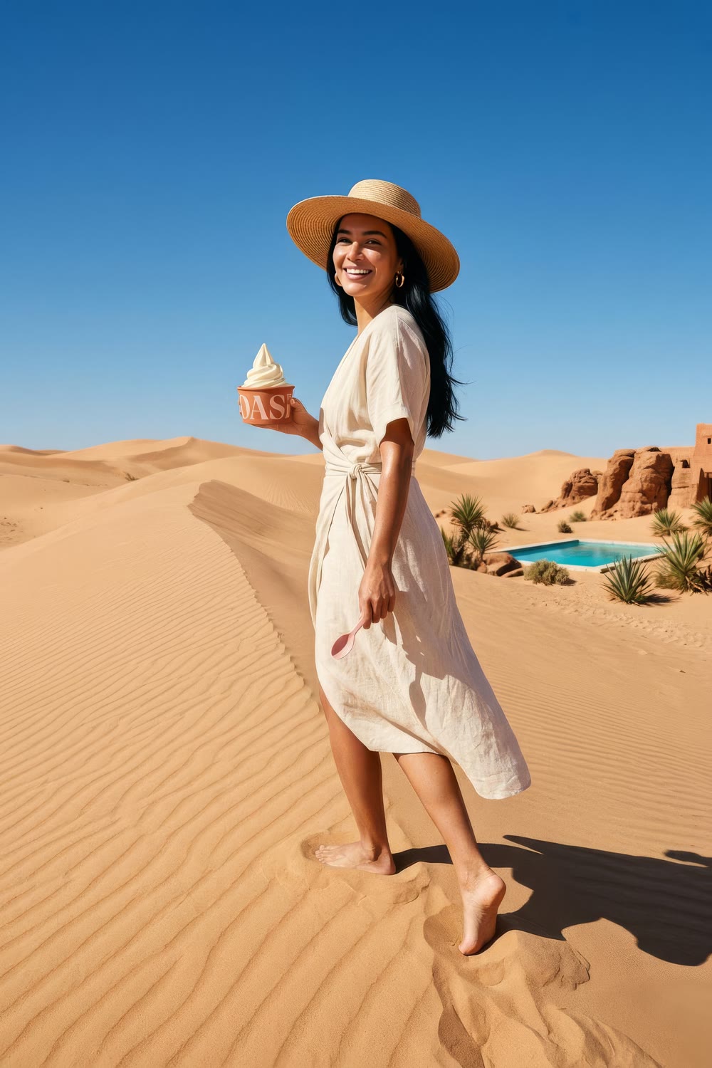 A woman in a straw hat and linen dress walking a sand dune holding the OASI cup