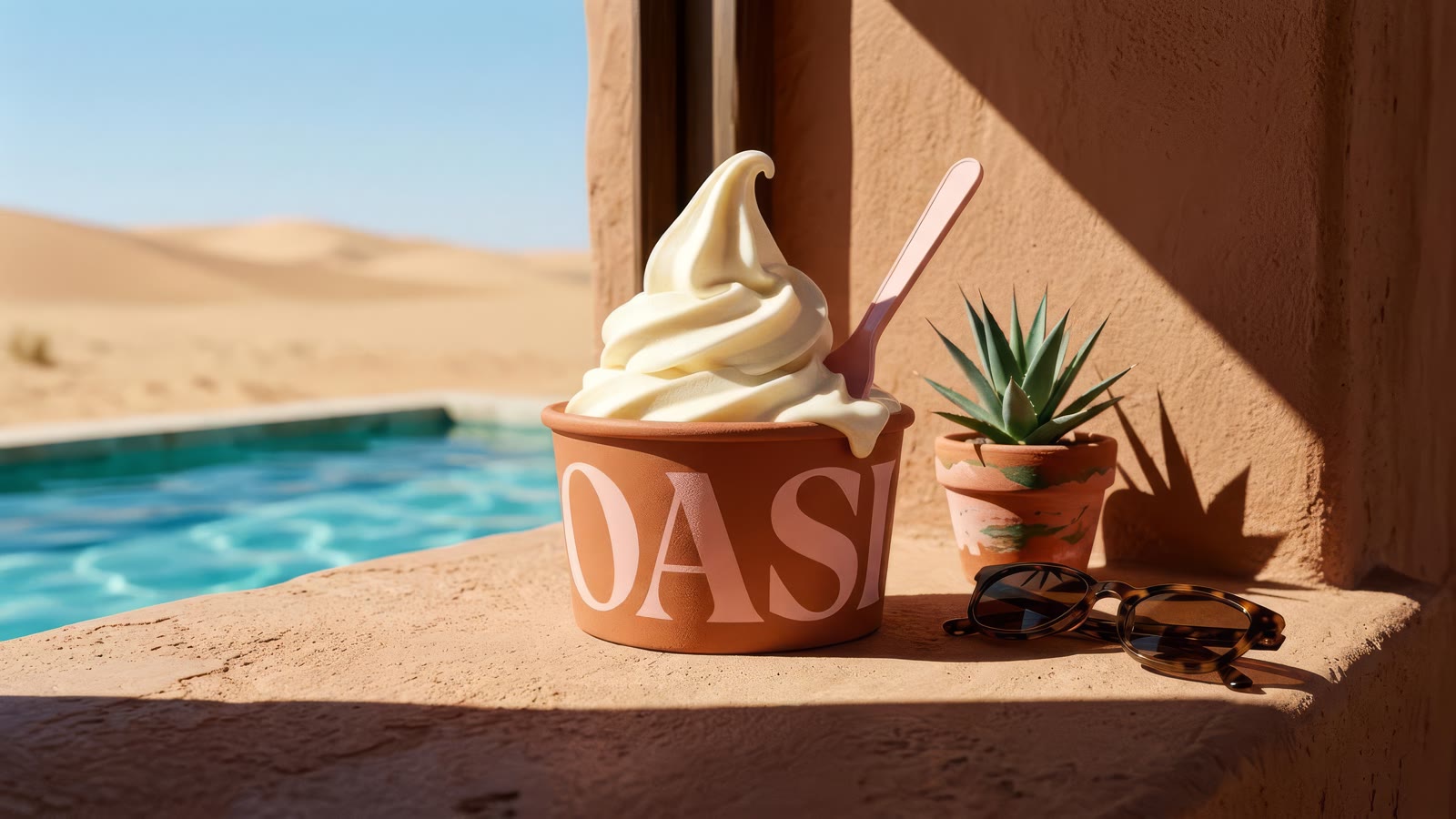 The OASI cup on a terracotta adobe ledge with an agave and sunglasses in hard shadow