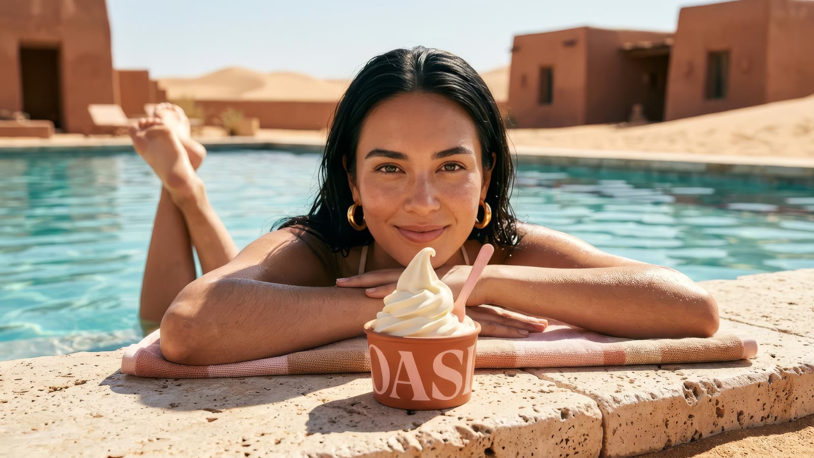 A woman lying at the edge of a desert pool, the OASI cup in front of her