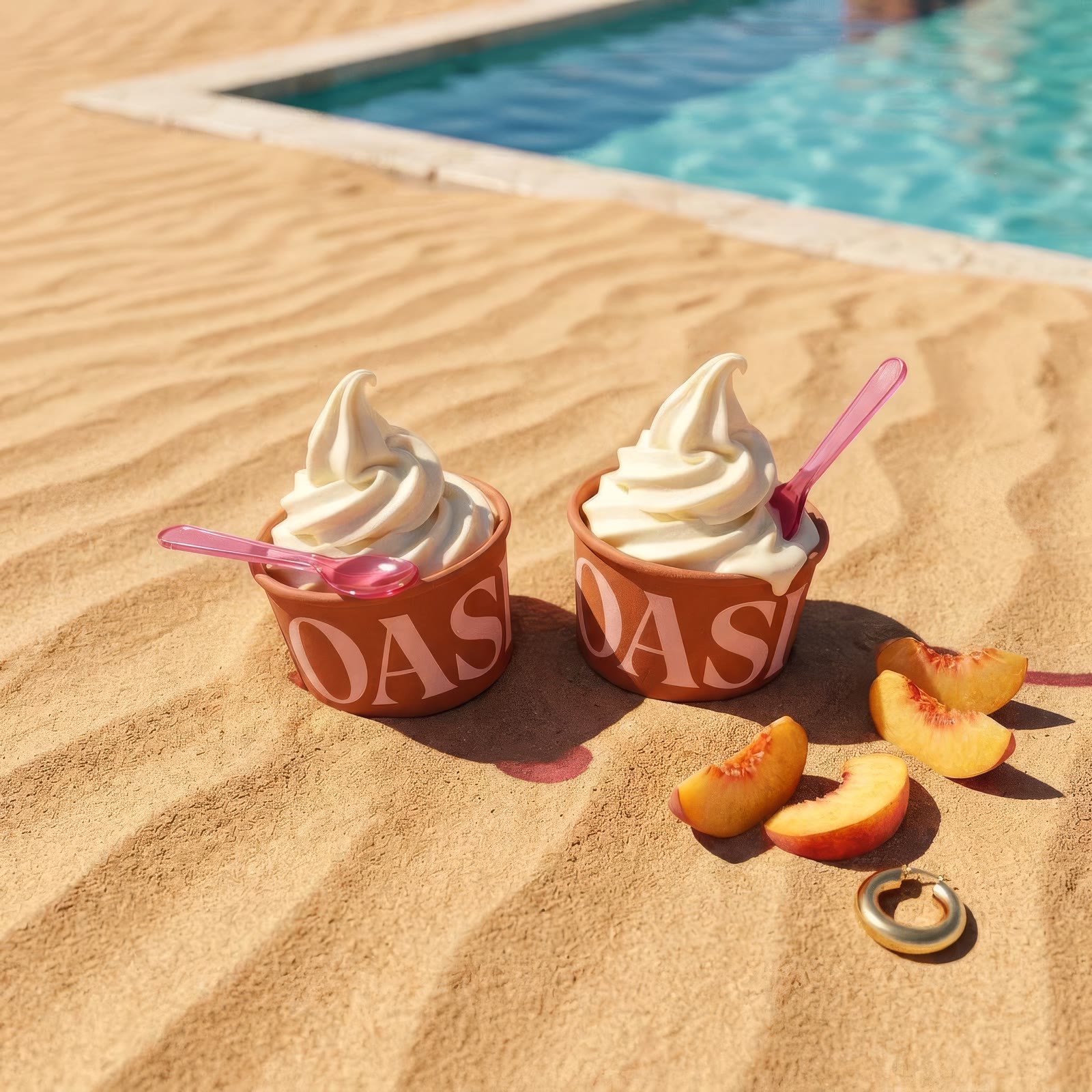 Two OASI cups pushed into rippled sand with peach slices and a gold hoop