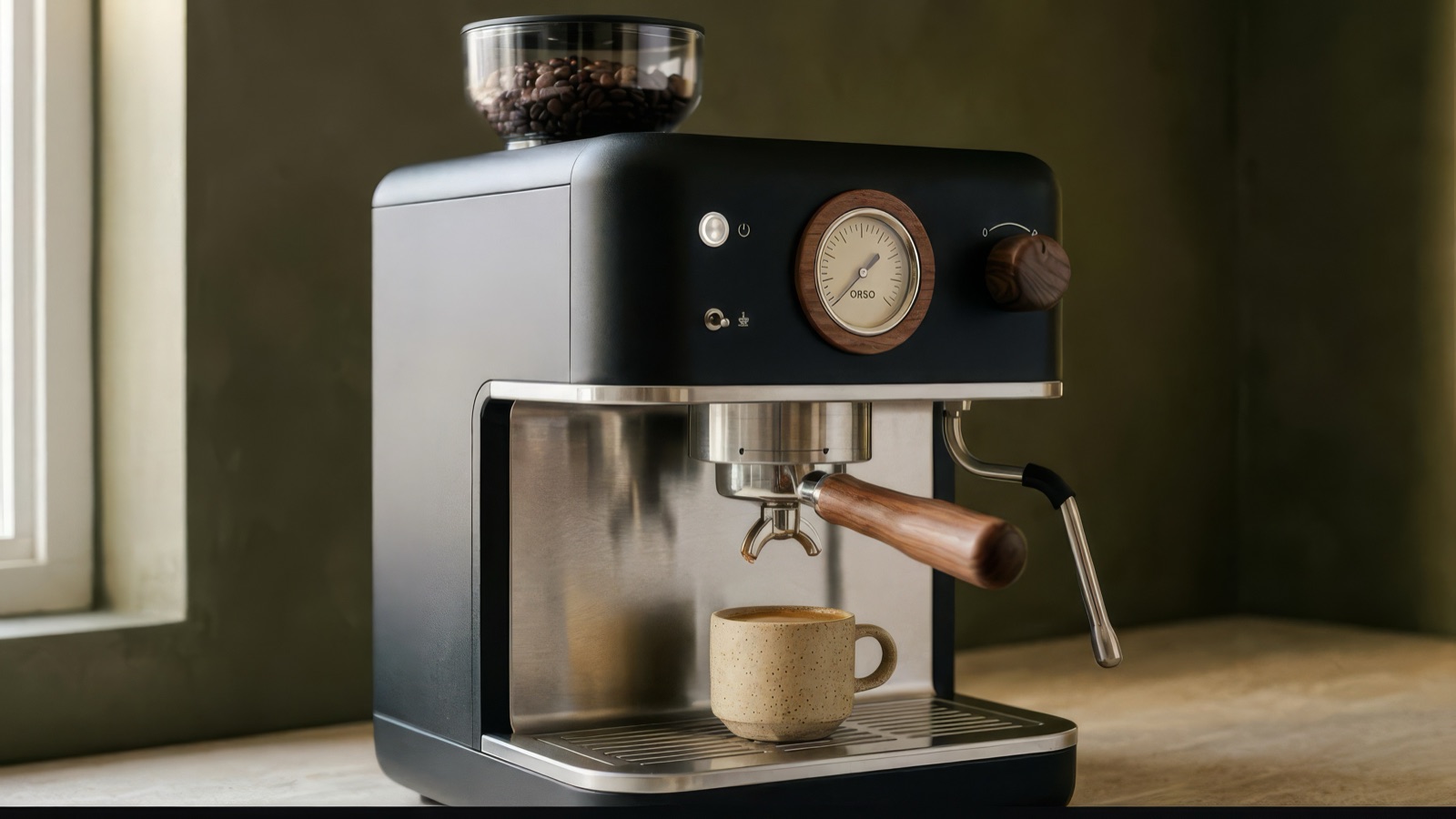 Matte black espresso machine with walnut gauge and handle against an olive plaster wall