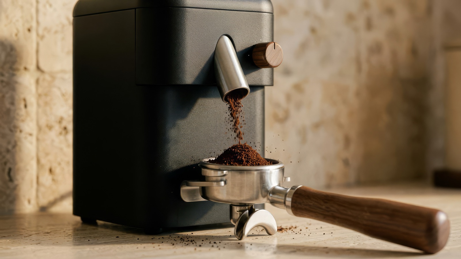 Fresh coffee grounds falling from a matte black grinder into a portafilter with a walnut handle