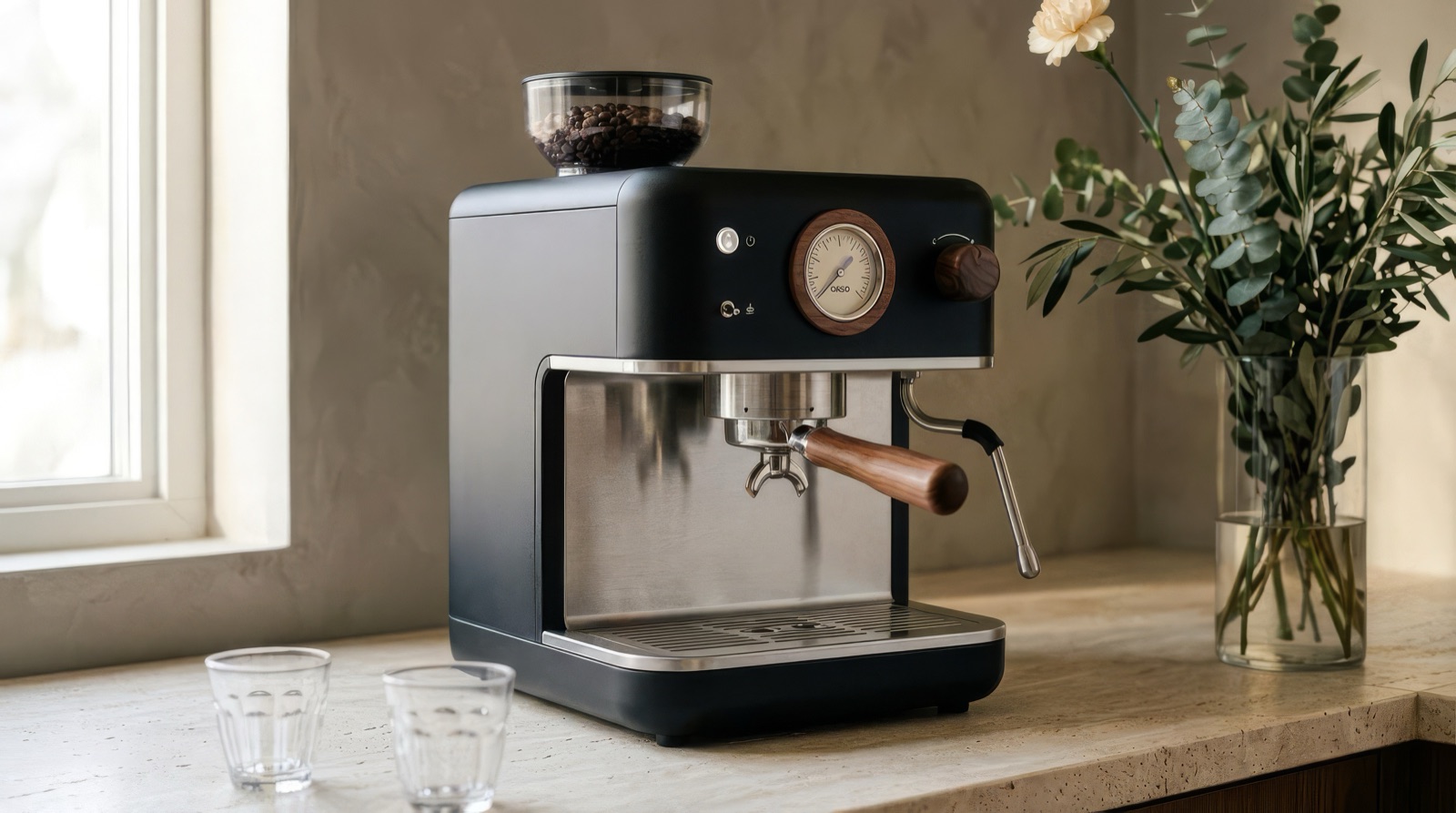 The espresso machine on a travertine counter beside a vase of eucalyptus