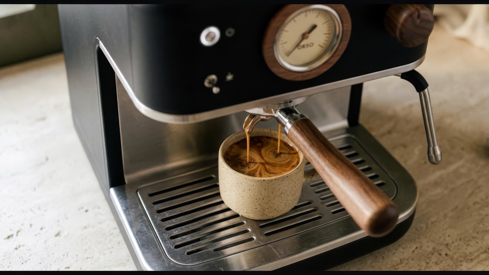 Two streams of espresso pouring into a speckled stoneware cup, crema swirling