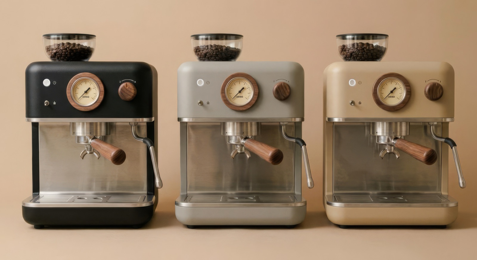Three identical espresso machines in black, stone grey and sand on a beige backdrop