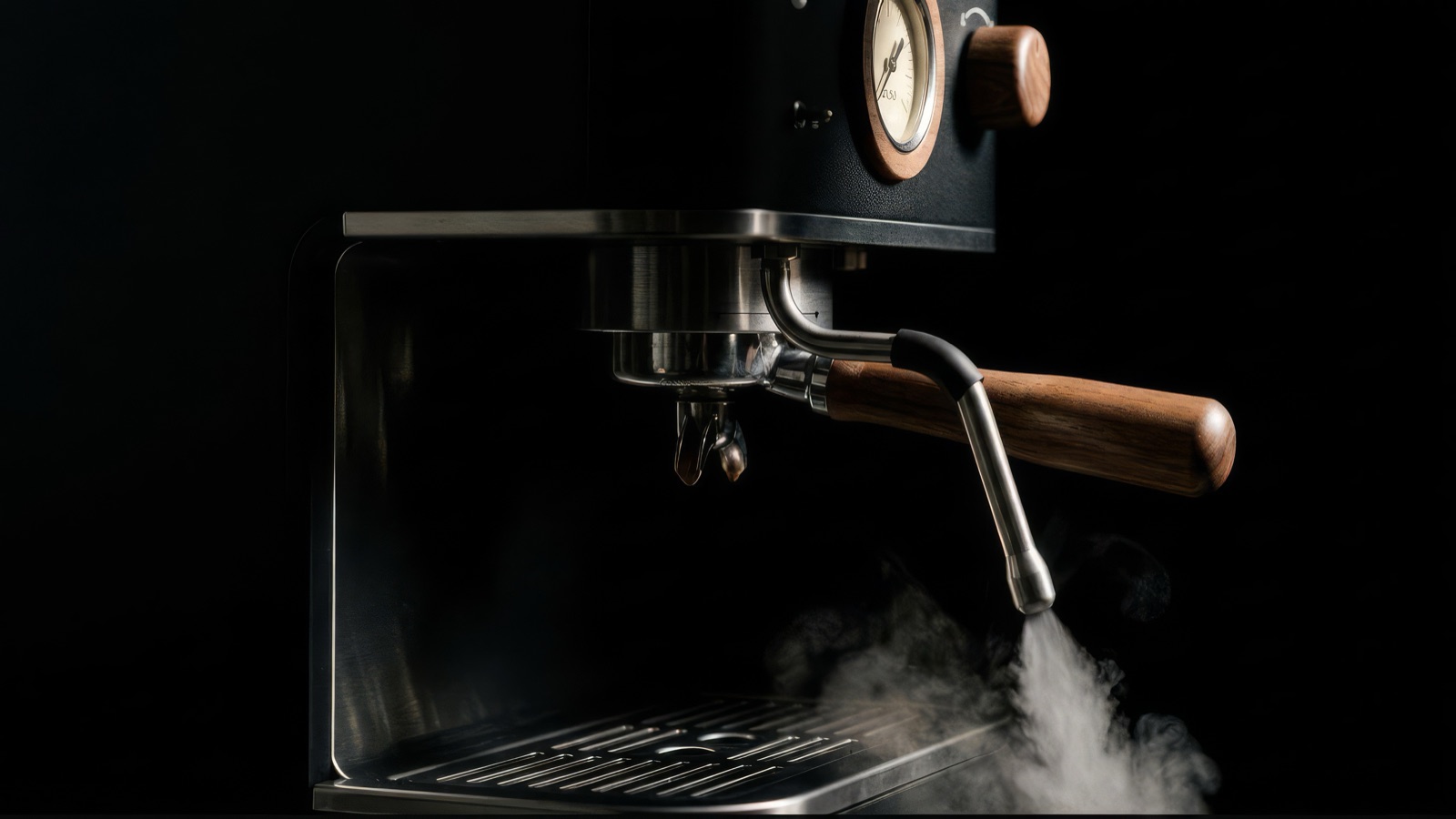 Steam bursting from the tip of the steam wand against a black background