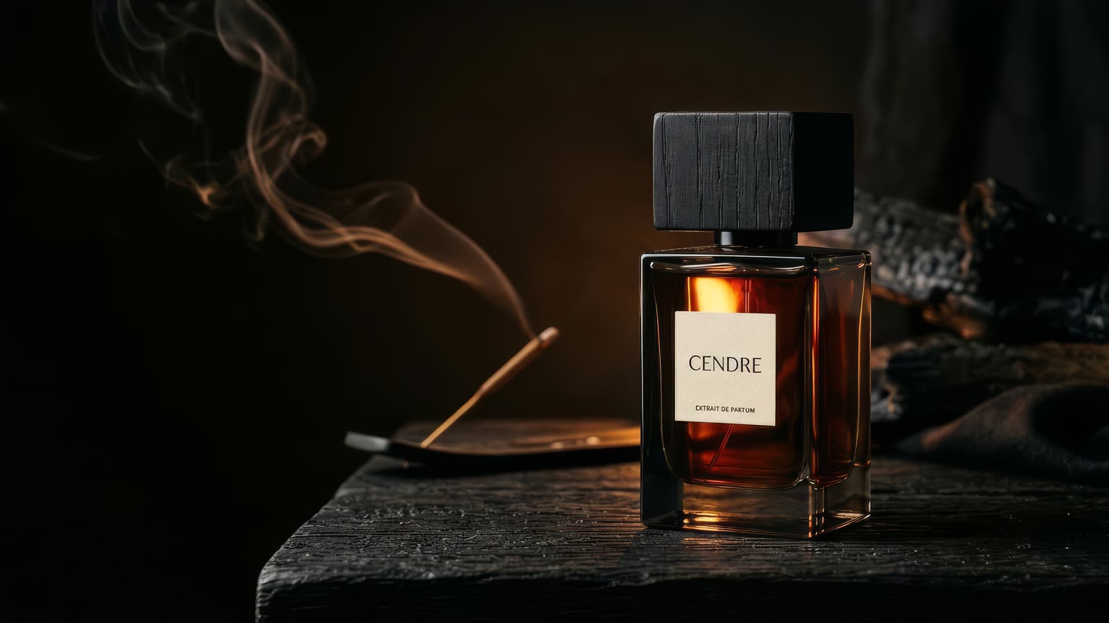 Rectangular amber perfume bottle with a charred black oak cube cap beside a smoking incense stick on blackened oak