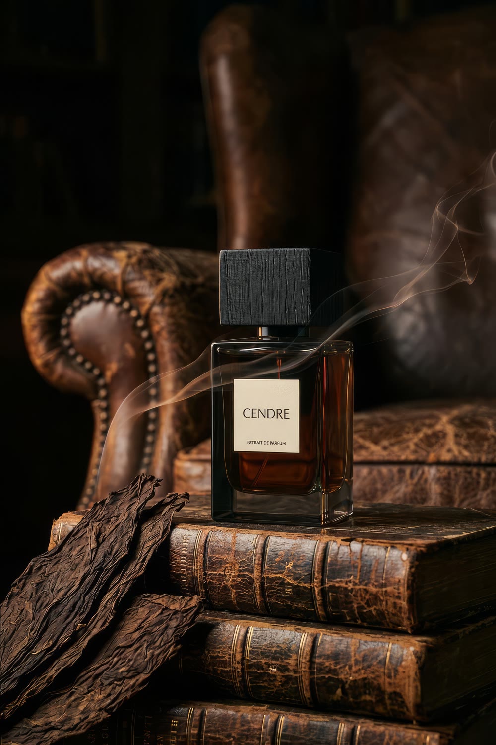 The bottle on a stack of old leather-bound books with dried tobacco leaves beside a studded leather armchair