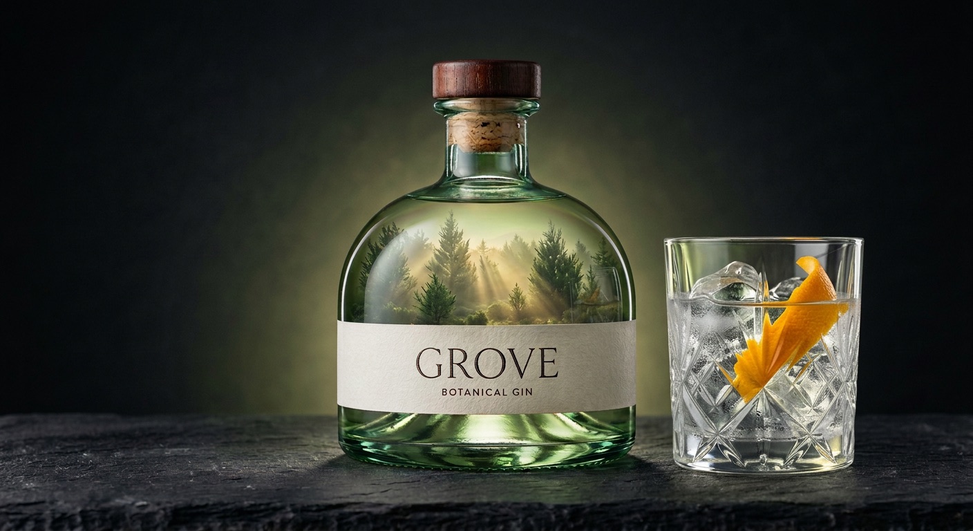 The GROVE bottle beside a tumbler of gin