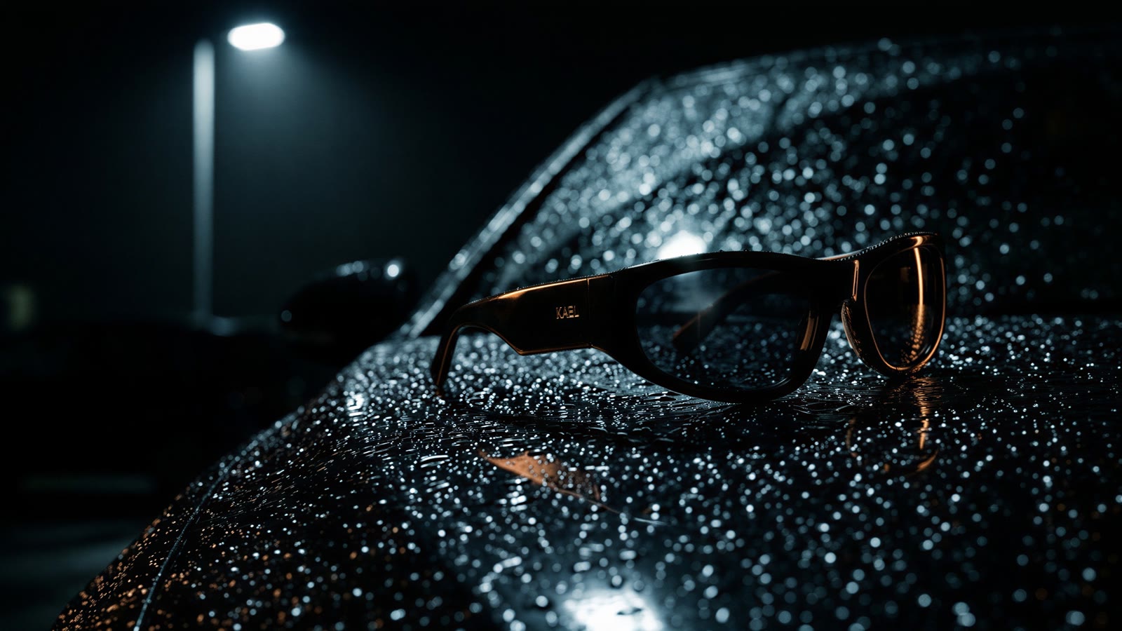 Black wraparound sunglasses resting on a rain-beaded black car hood under a streetlight at night