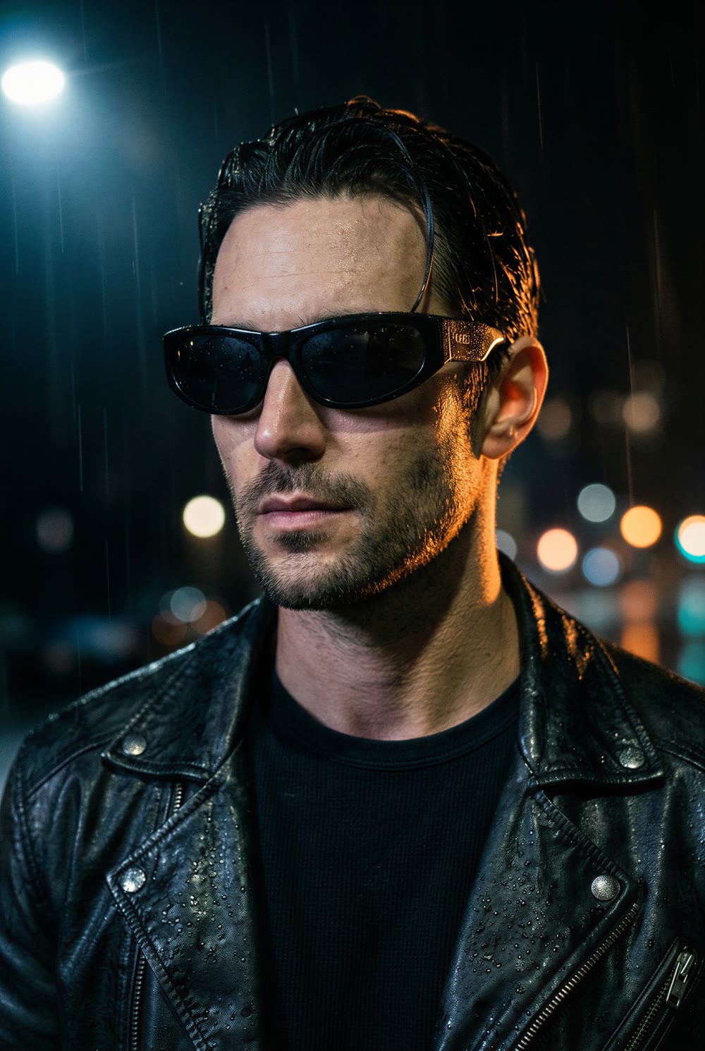 A man in a wet leather jacket wearing black wraparound sunglasses on a rainy city street at night