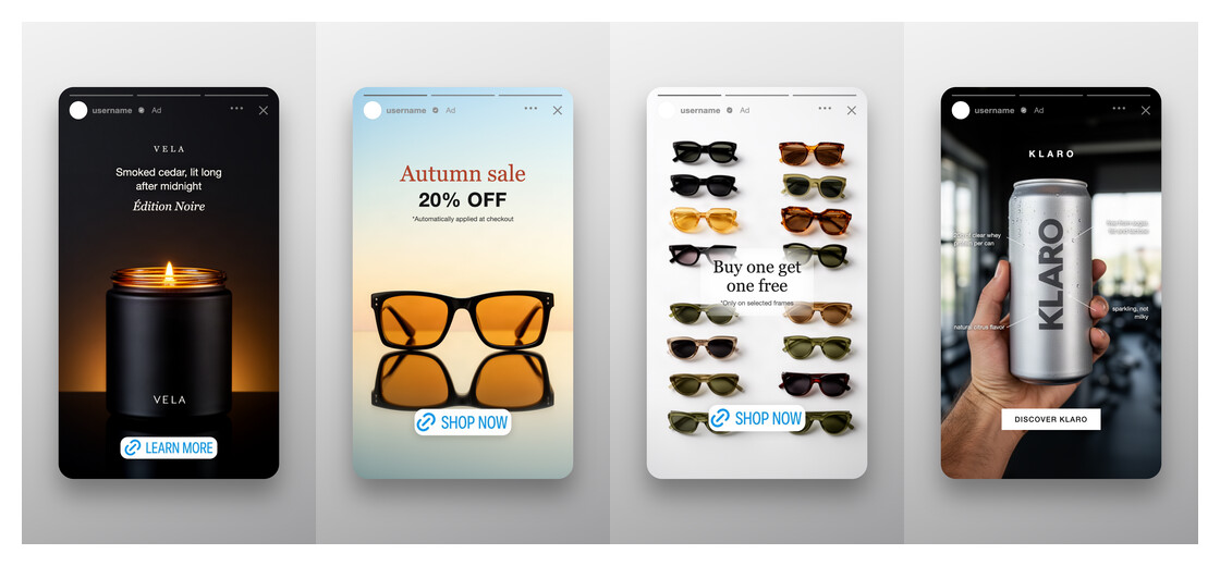Four static story ads: candle, sunglasses sale, frames offer, energy drink
