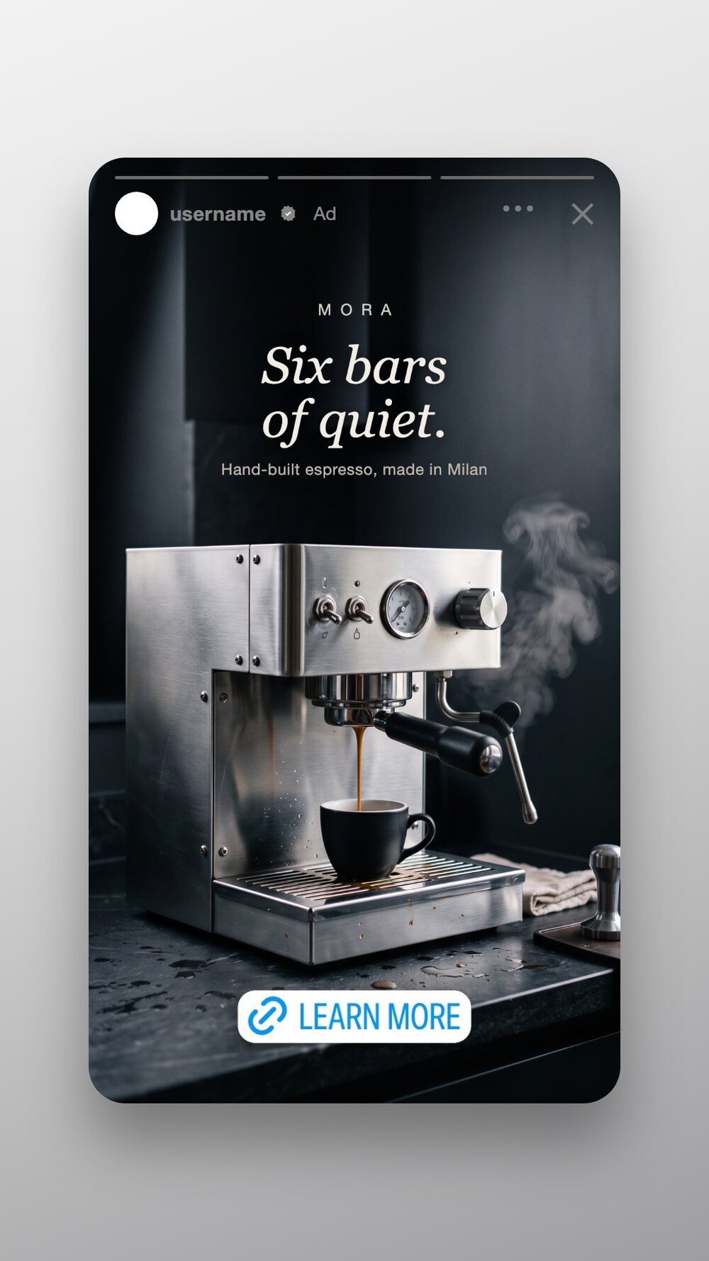 Espresso machine ad with the line Six bars of quiet