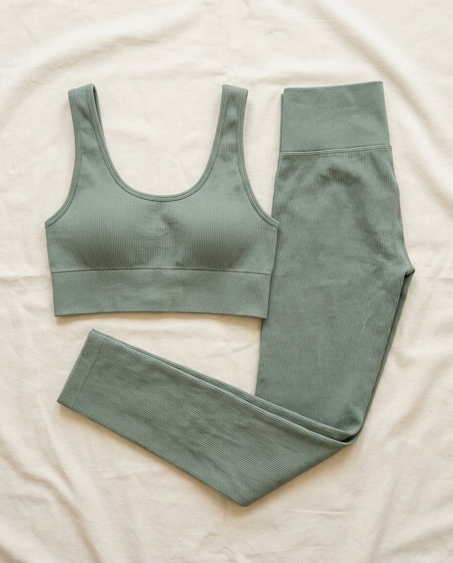 Sage-green ribbed sports bra and high-waisted leggings laid flat on off-white