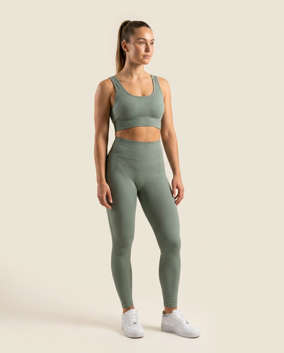 Athletic woman in the sage ribbed set and white trainers on seamless off-white
