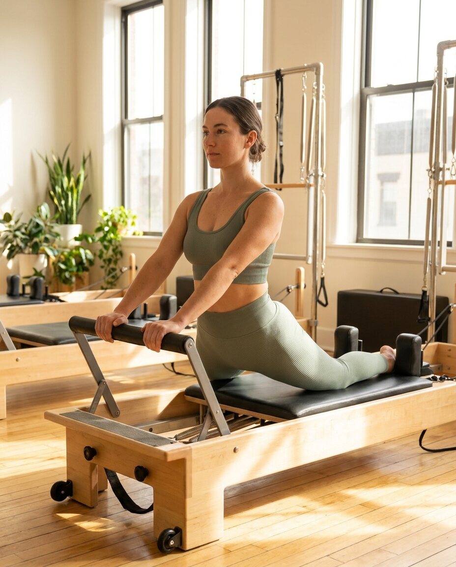 Woman stretching on a pilates reformer in a bright studio wearing the sage set