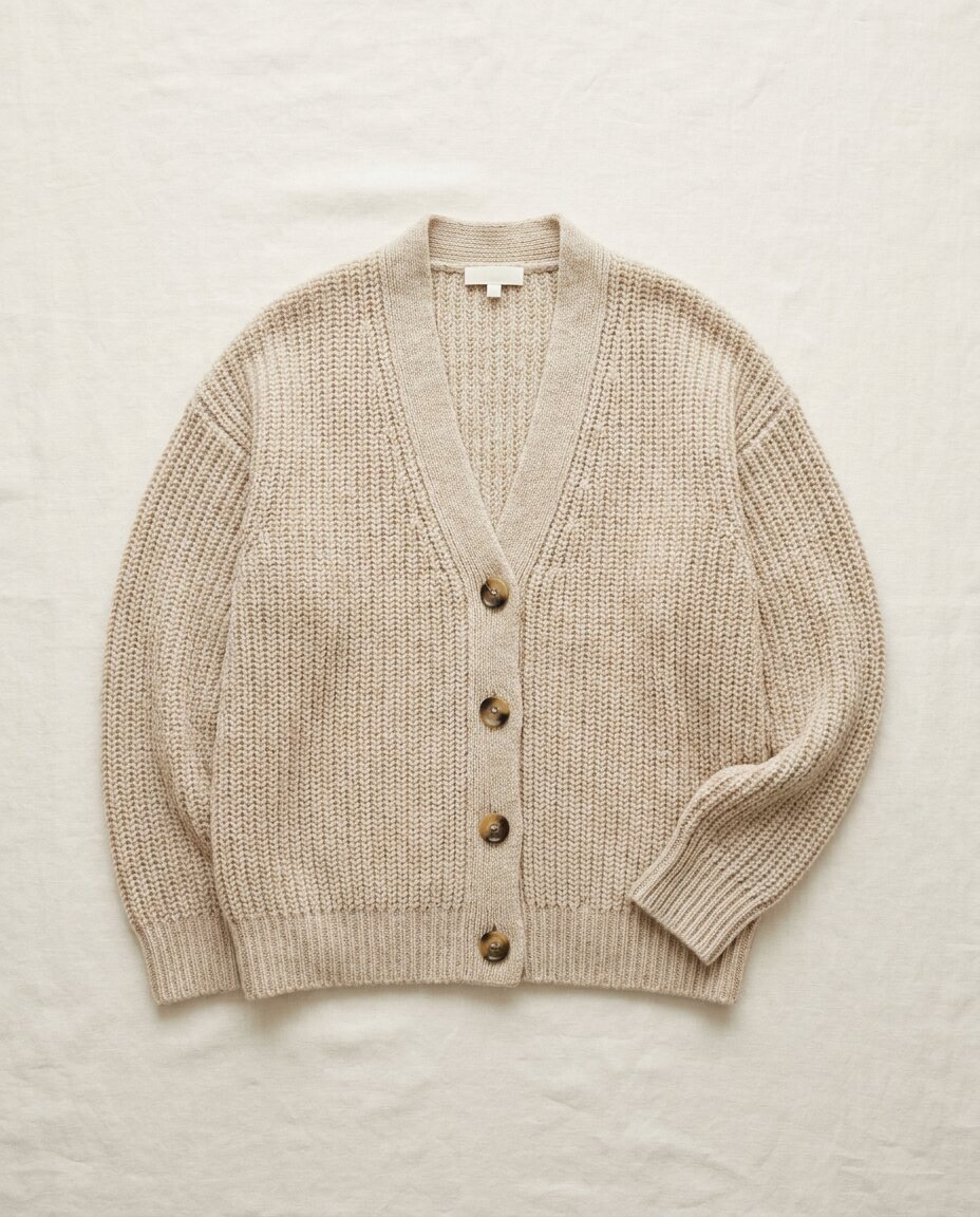 Oatmeal cashmere cardigan with horn buttons laid flat on ivory linen