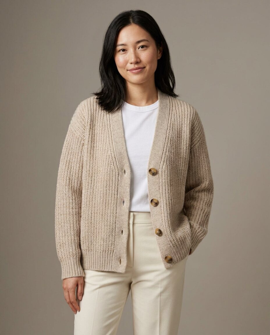 Woman in the oatmeal cardigan over a white tee and cream trousers on seamless grey