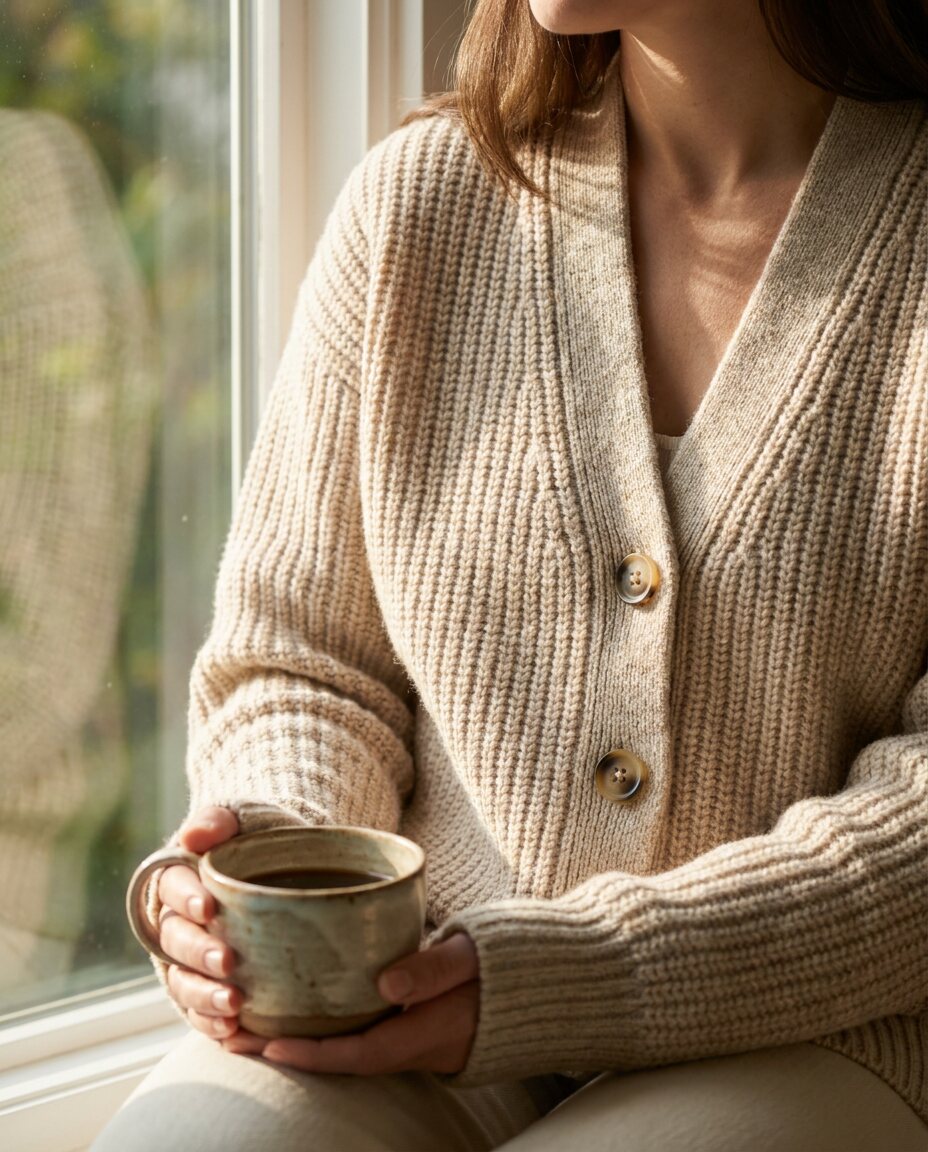 Close crop of the cardigan's knit and horn button with a ceramic coffee cup by a window