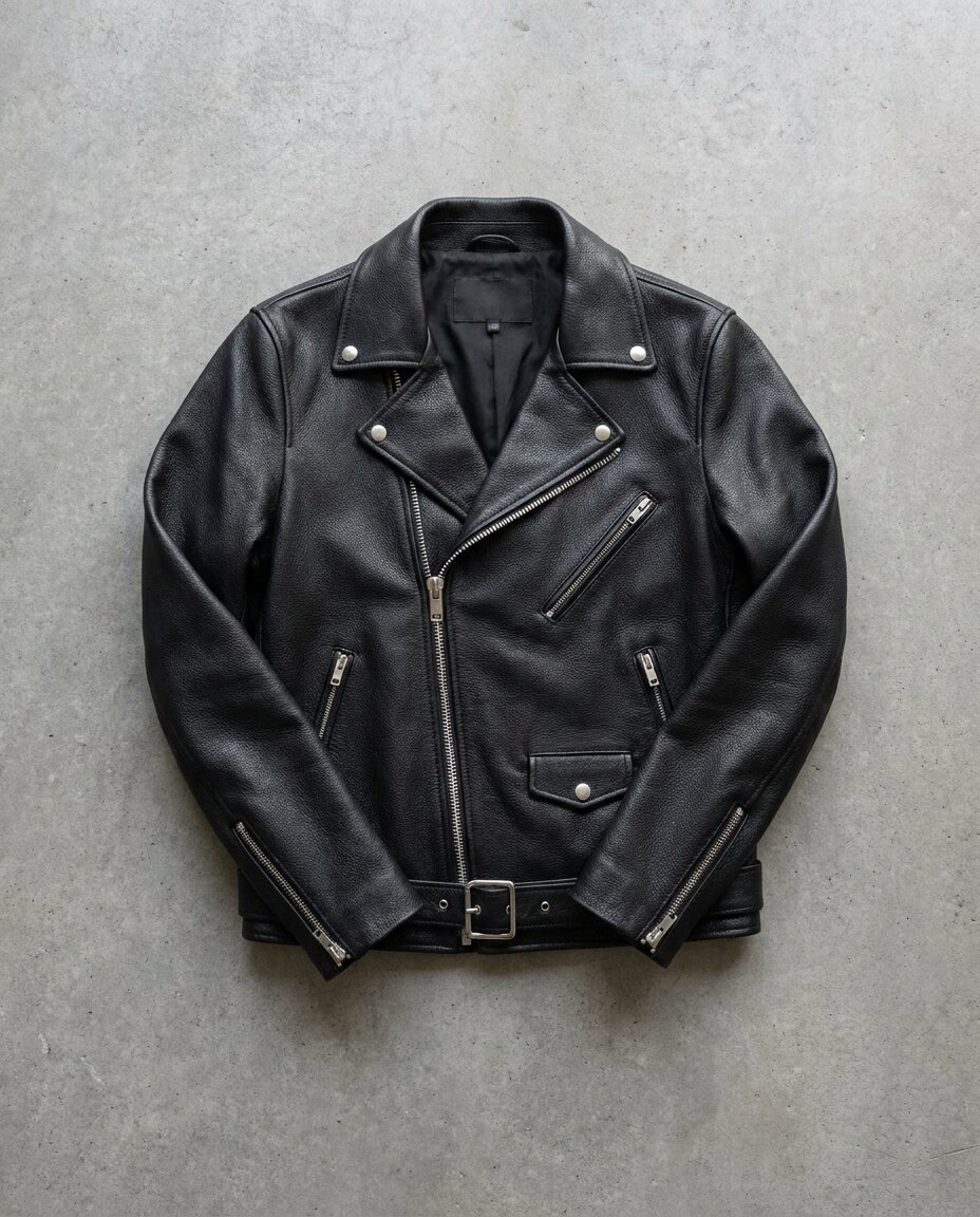 Black leather biker jacket with an asymmetric silver zip laid flat on concrete grey