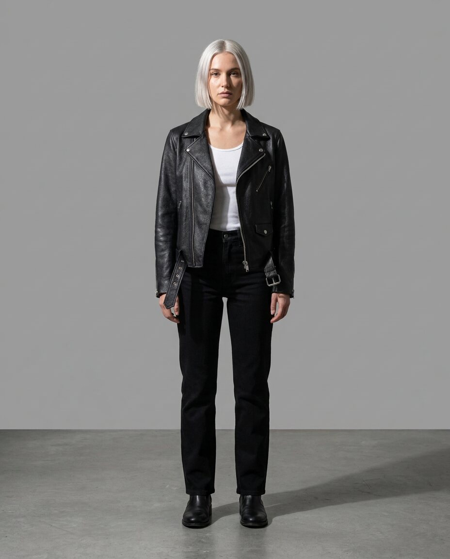 Woman with a platinum bob in the black leather biker jacket on seamless concrete grey