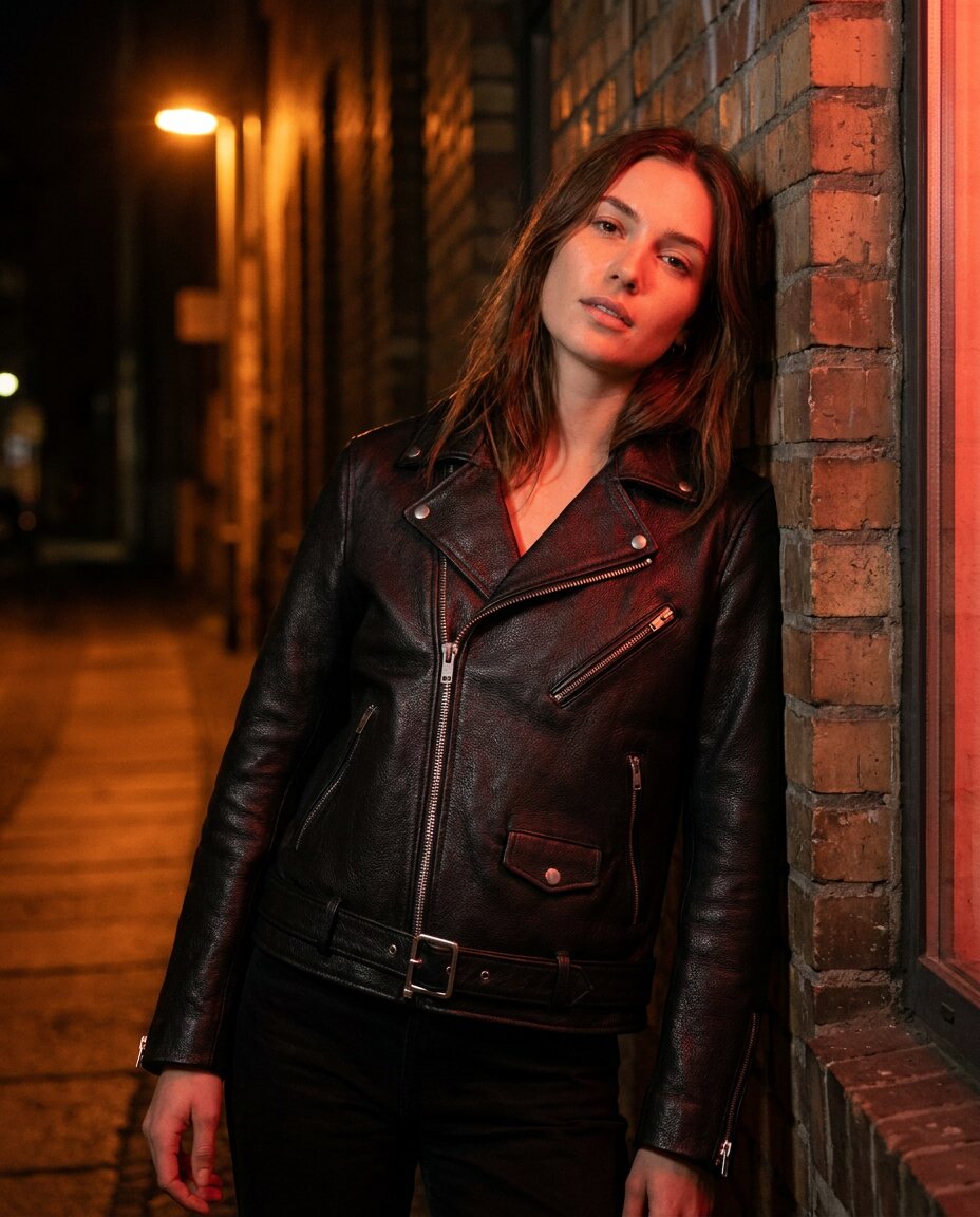 Woman leaning on a brick wall at night in the zipped leather jacket under red neon