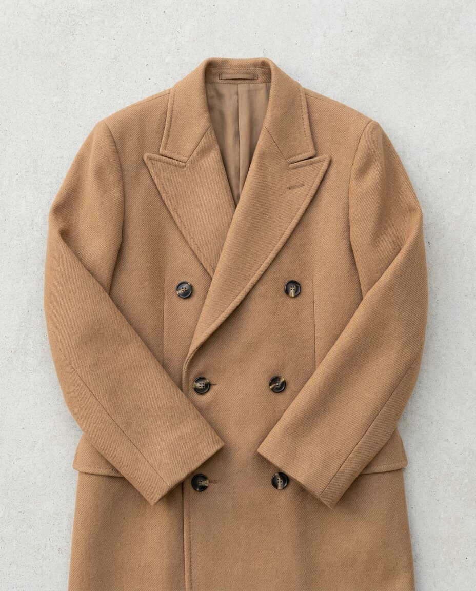 Camel double-breasted wool overcoat with peak lapels laid flat on stone grey