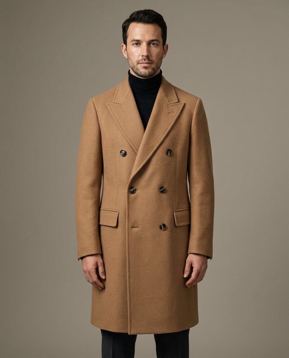 Man in the camel overcoat over a black turtleneck on seamless grey
