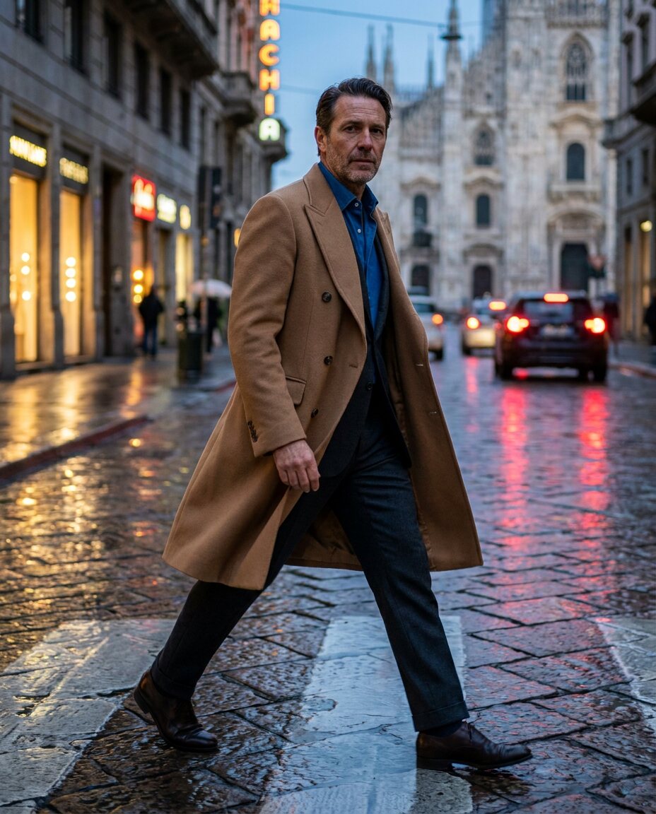 Man striding across a wet Milan street at blue hour in the open camel overcoat