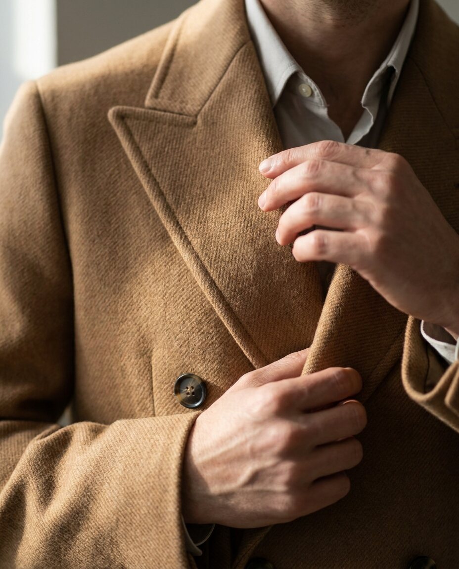 Close crop of a hand adjusting the overcoat lapel, wool twill and a horn button in focus