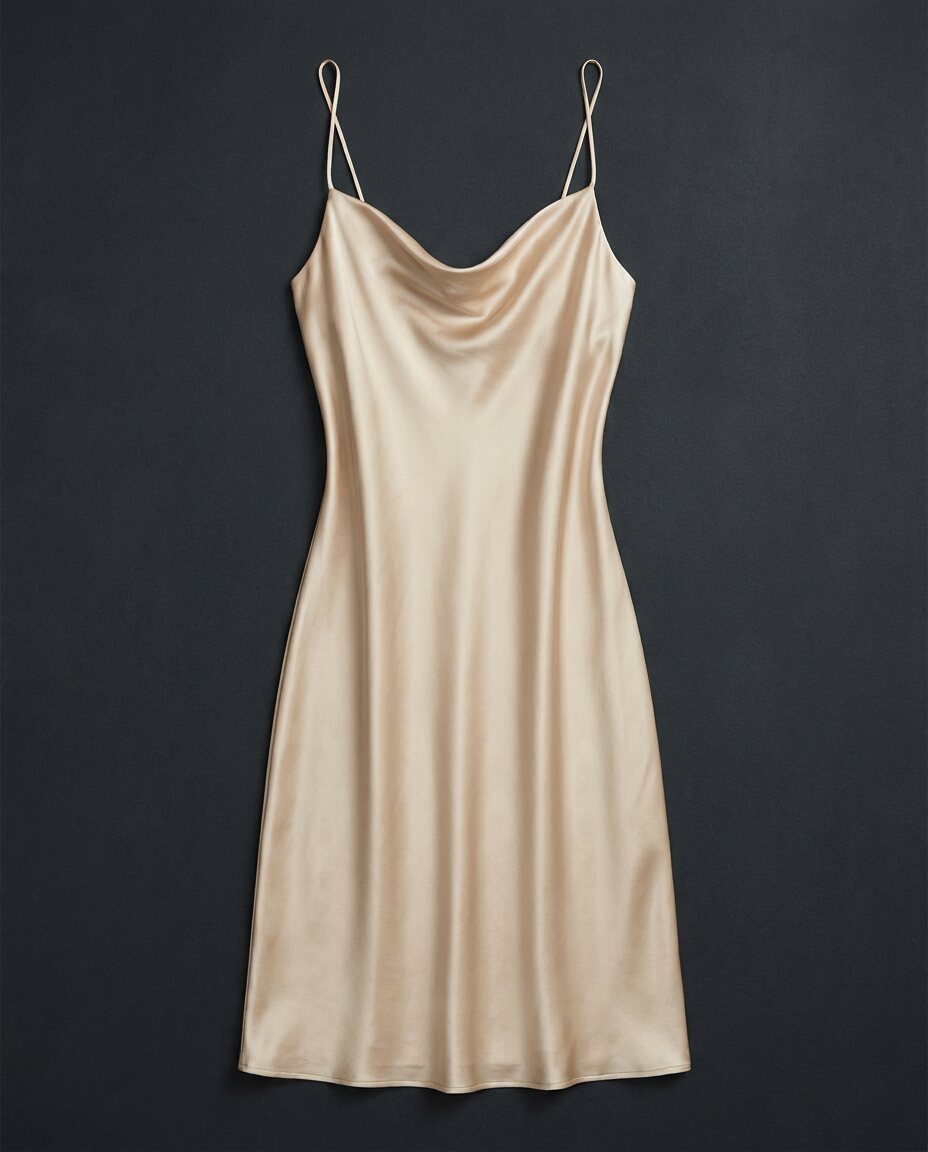Champagne silk slip dress with a cowl neckline laid flat on charcoal