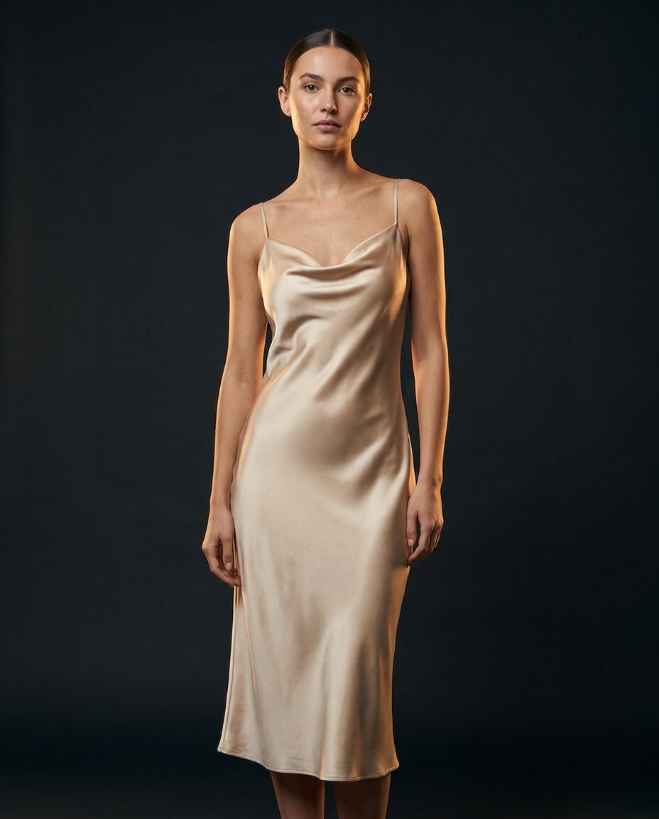 Woman in the champagne silk slip dress on seamless charcoal with a warm rim light