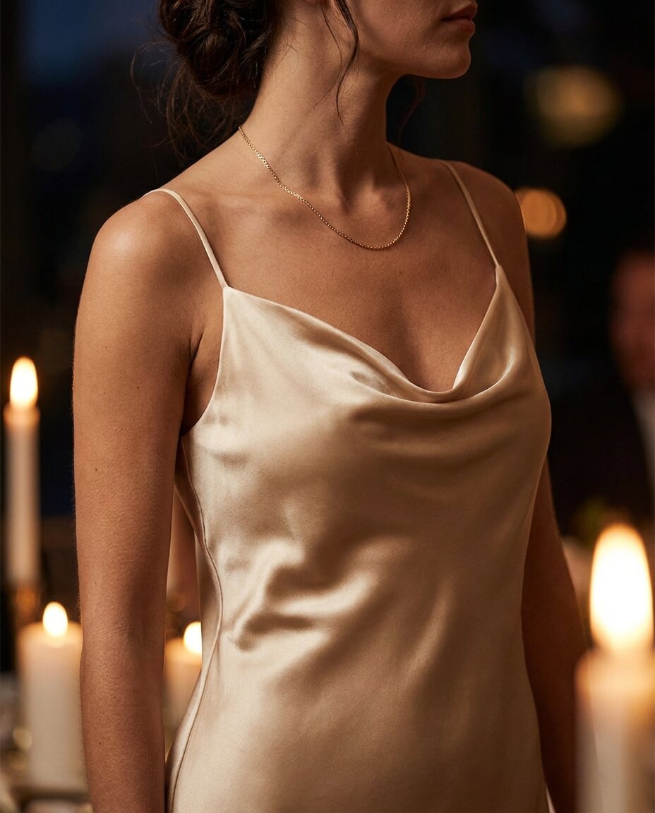 Close crop of the silk cowl neckline in candlelight with a fine gold chain
