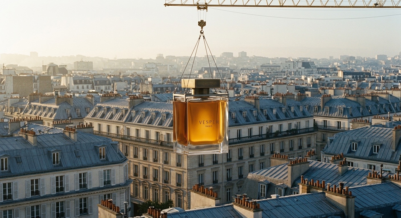 A giant perfume bottle lowered by crane over Paris rooftops at dawn