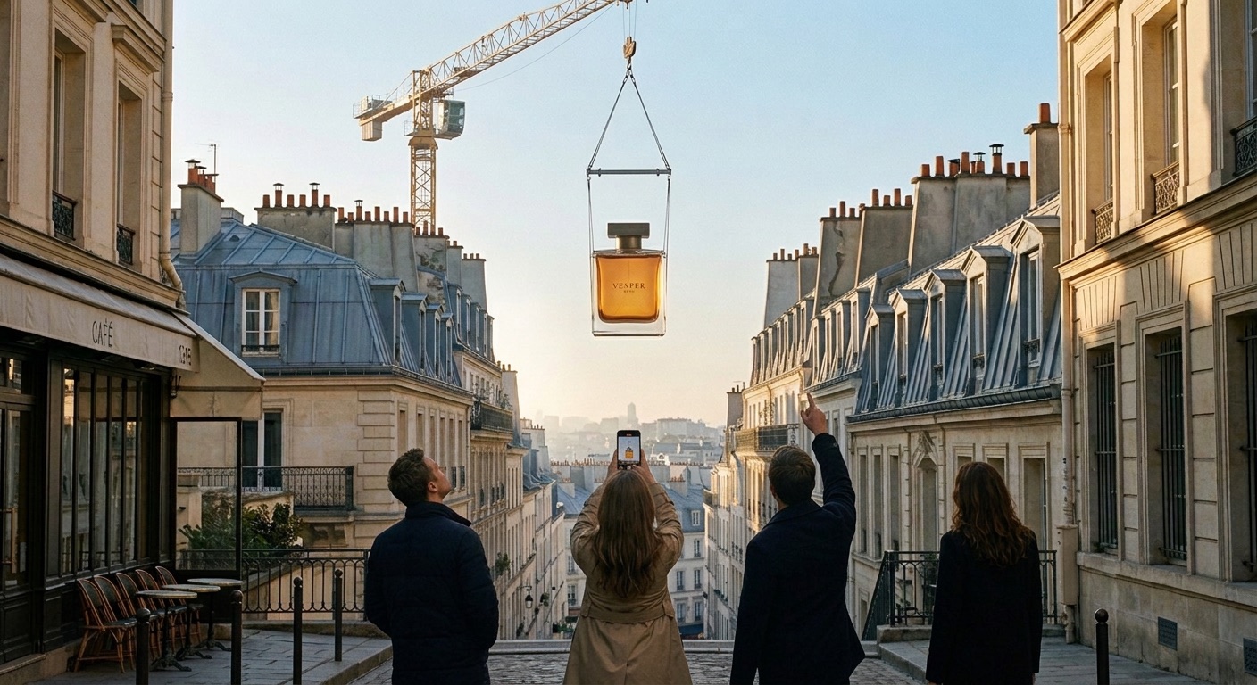 Passers-by on a Paris street seen from behind, looking up at the hanging bottle