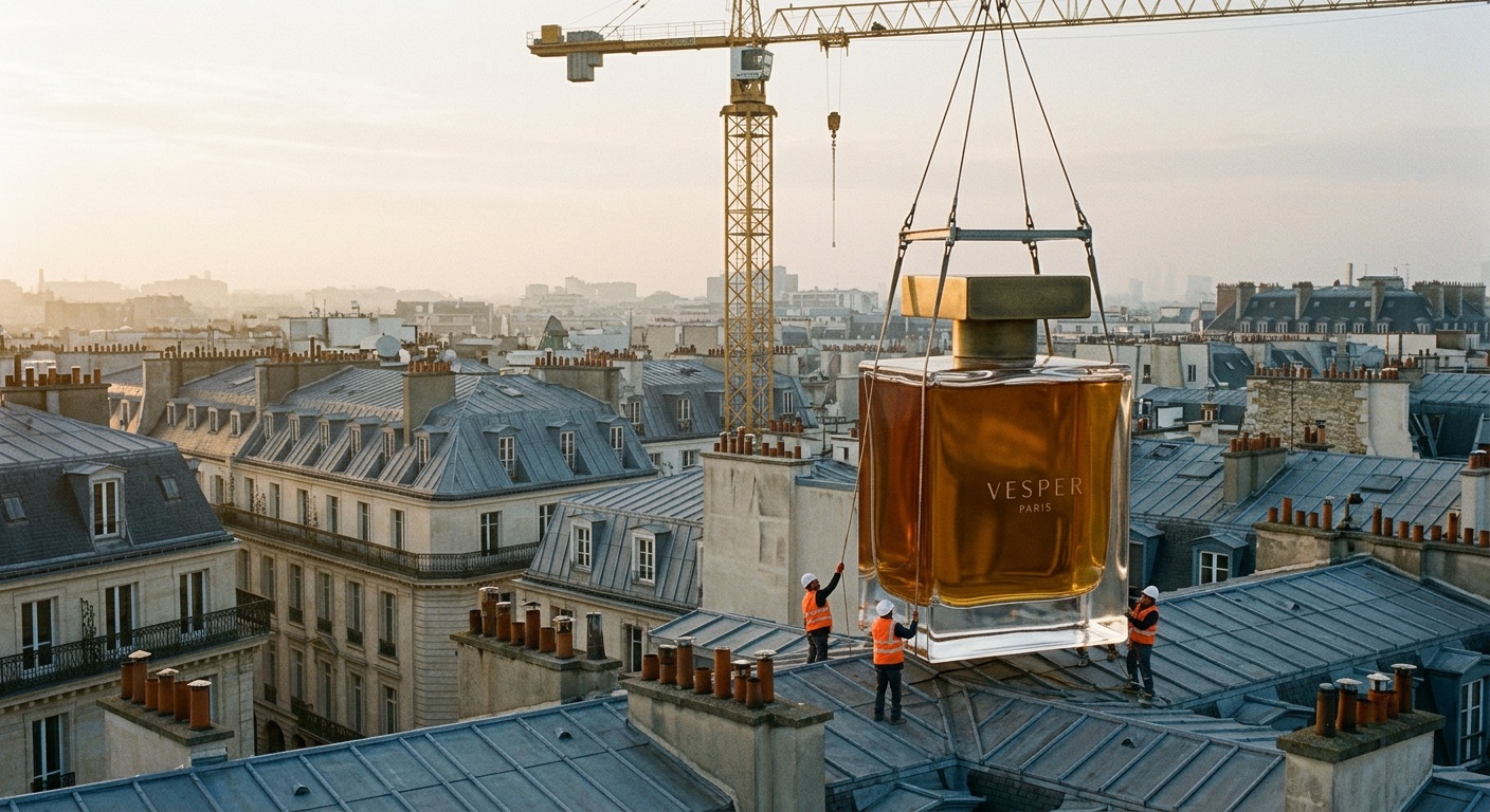 Workers in orange vests guiding the giant bottle onto a zinc roof