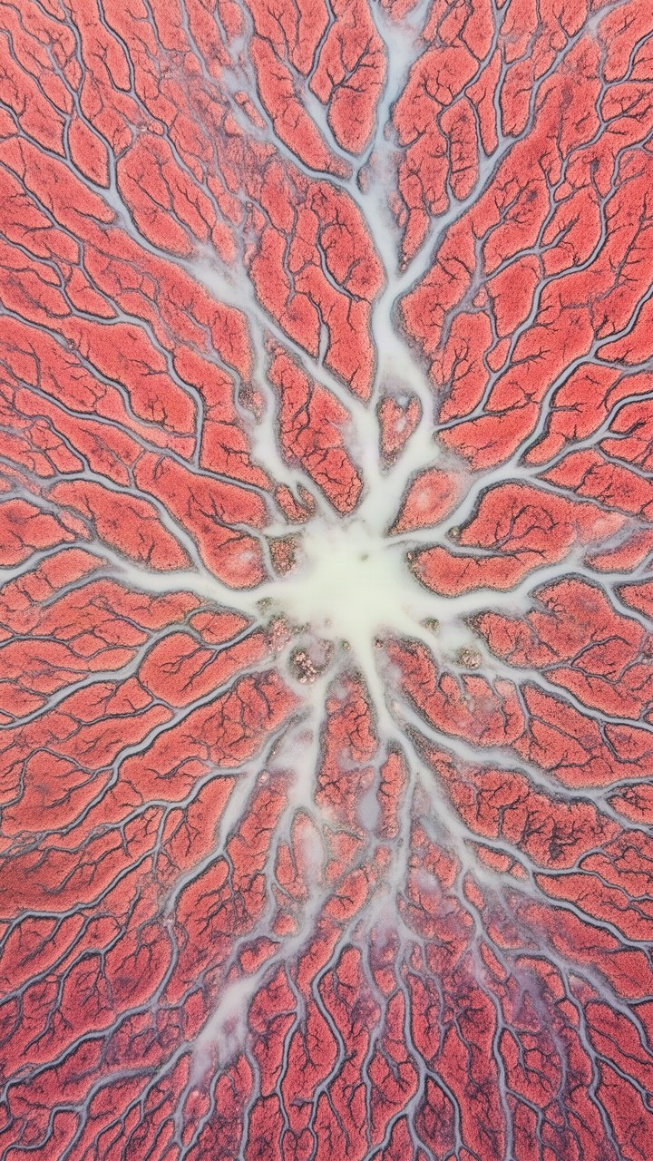 Aerial view of a tidal salt marsh, channels branching through rose sediment