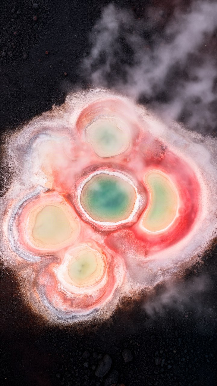 Geothermal mineral pools seen from above, rings of rose deposit