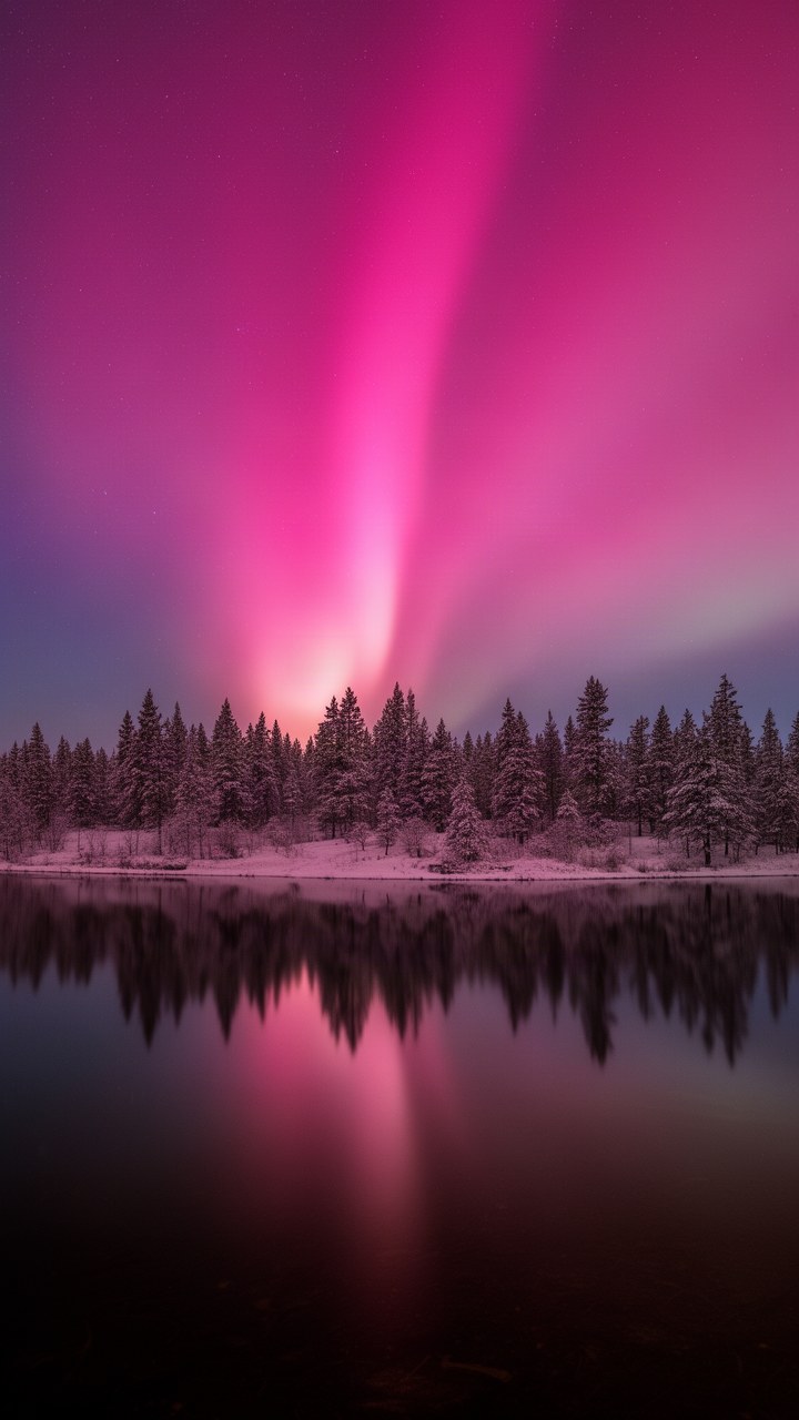 Pink aurora mirrored on a still dark lake