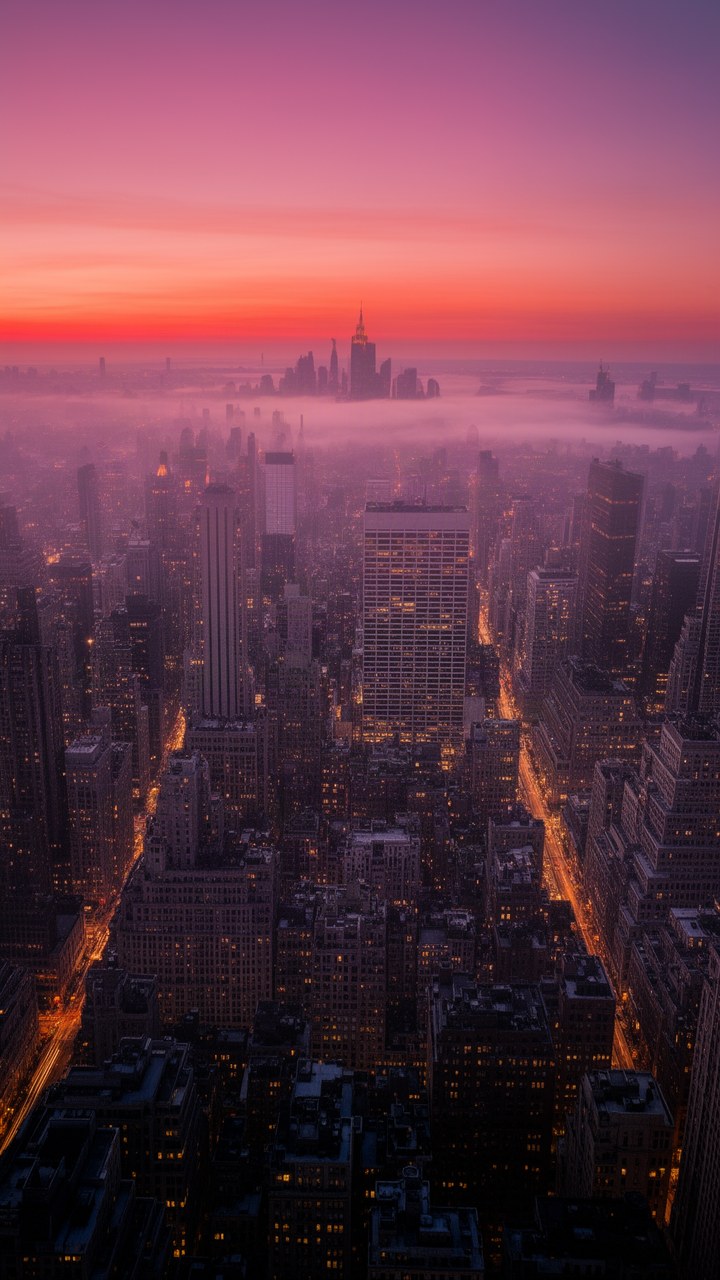 City rooftops before sunrise with rose light on the horizon