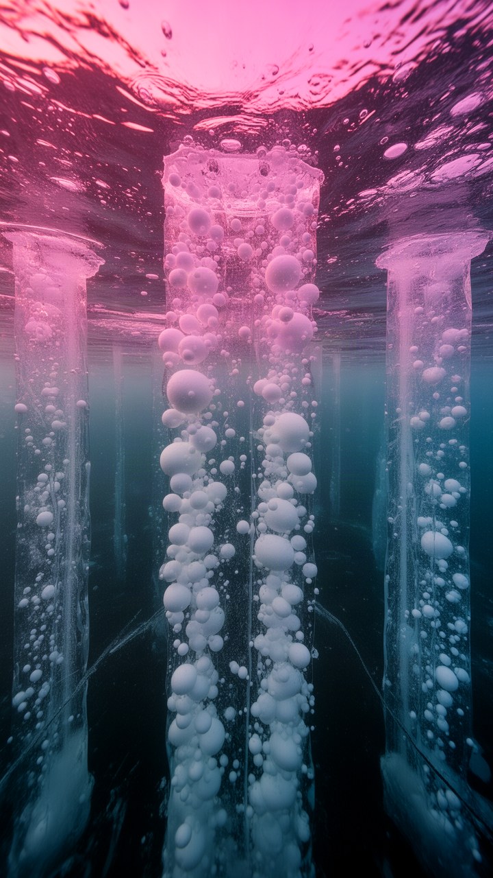 Methane bubbles frozen in columns beneath clear lake ice