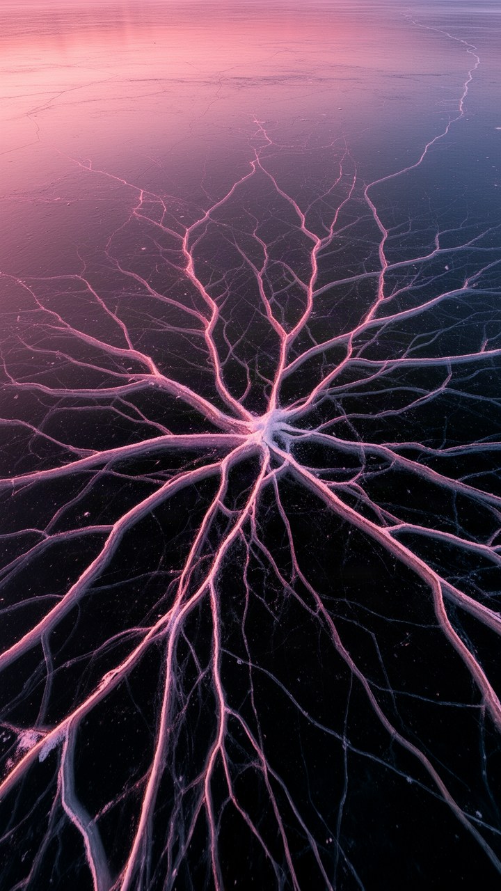Cracks branching through clear black lake ice, glowing pink