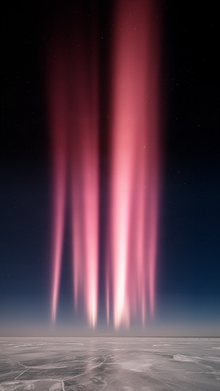 Vertical light pillars standing above a frozen plain